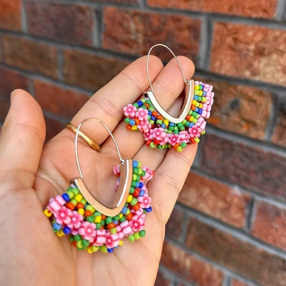 Anthropologie Multi Colored Beaded Hoop Earrings - Picture 5 of 11
